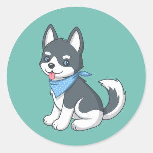 Cute Husky Puppy Dog on Green Classic Round Sticker