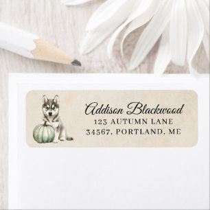 Cute Husky Puppy Fall Green Pumpkin Return Address Label
