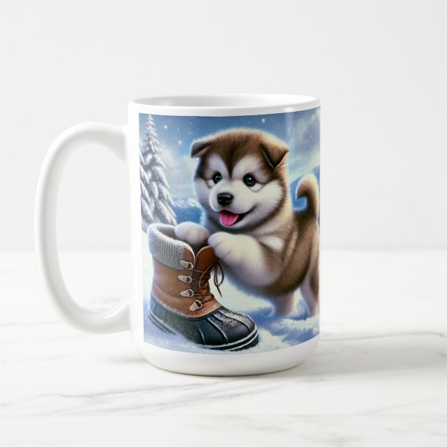 Cute Husky Puppy Playing in Snowy Winter Landscape Coffee Mug (Left)