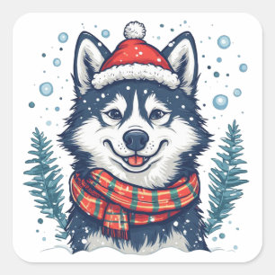 Cute Husky Puppy Wearing Santa Hat In Snow Square Sticker