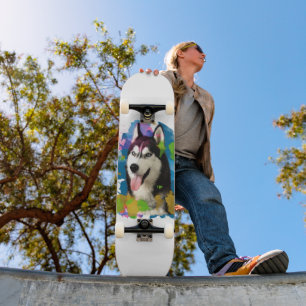 Cute Husky.  Skateboard