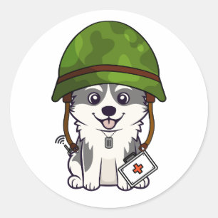 Cute Husky Wearing army helmet Classic Round Sticker