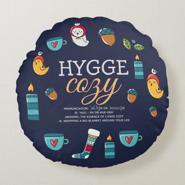 Cute Hygge Meaning Cosy Doodle Folk Art Custom Round Cushion (Front)