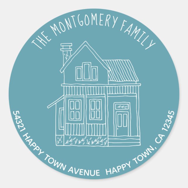 Cute Hygge Minimalist Hand Drawn House Address Classic Round Sticker (Front)