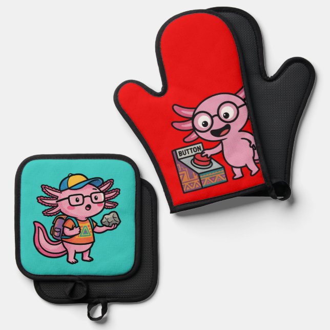 Cute I Axolotl Questions aztec Oh No red button Oven Mitt & Pot Holder Set (Front/Back)