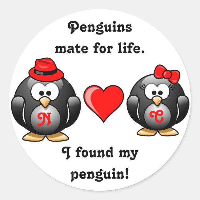 Cute I Found My Penguin Mate for Life Red Heart Classic Round Sticker (Front)