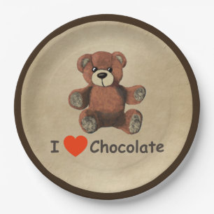 Cute I Heart (Love) Chocolate Teddy Bear Paper Plate