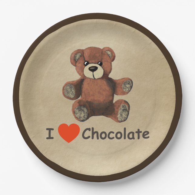 Cute I Heart (Love) Chocolate Teddy Bear Paper Plate (Front)