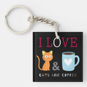 Cute I Love Cats and Coffee Black Key Ring