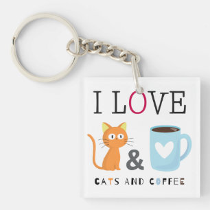 Cute I Love Cats and Coffee White Key Ring