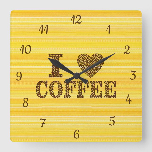 Cute I Love Coffee Quote Coffee Beans Yellow Brown Square Wall Clock (Front)