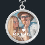 Cute I Love Heart Photo Couples Personalised Name Silver Plated Necklace<br><div class="desc">Cute I Love Heart Photo Couples Personalised Name Necklace features your favourite photo with the text "I (love heart) add name" in modern white script. Personalise by editing the text in the text box provided and adding your own picture. Perfect gifts for couples, girlfriend, wife, sweetheart and more for birthday,...</div>
