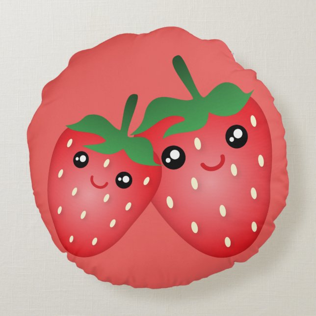 Cute I Love You Berry Much Kawaii Strawberry Fruit Round Cushion (Back)