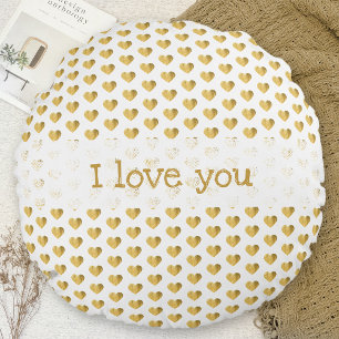 Cute I Love You Golden Hearts White Grunge Modern Round Cushion