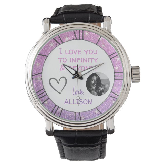 Cute I love you Message Photo Template Purple Pink Watch (Front)