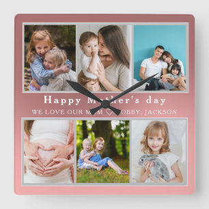 Cute I LOVE YOU MOM Happy Mother Day Photo Collage Square Wall Clock