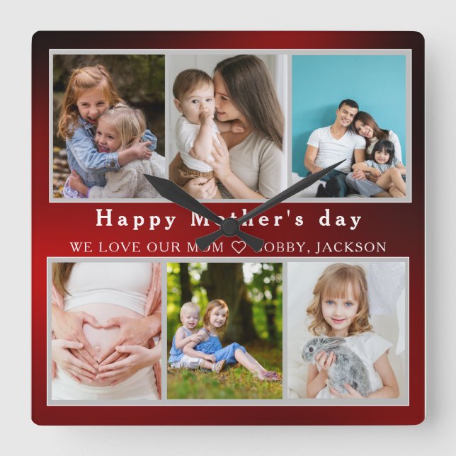 Cute I LOVE YOU MOM Happy Mother Day Photo Collage Square Wall Clock (Front)