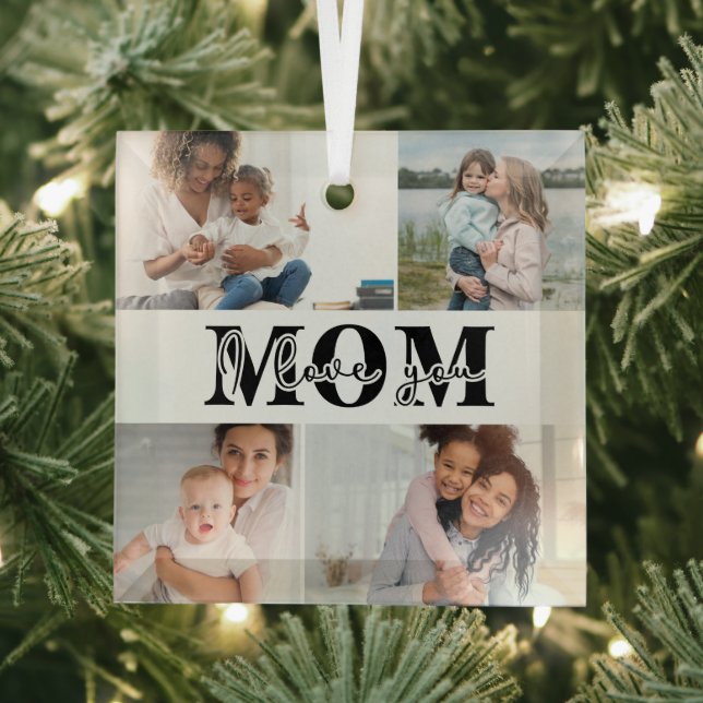 Cute I LOVE YOU MOM Mother's Day Photo Glass Tree Decoration (Insitu)