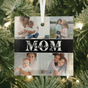 Cute I LOVE YOU MOM Mother's Day Photo Glass Tree Decoration