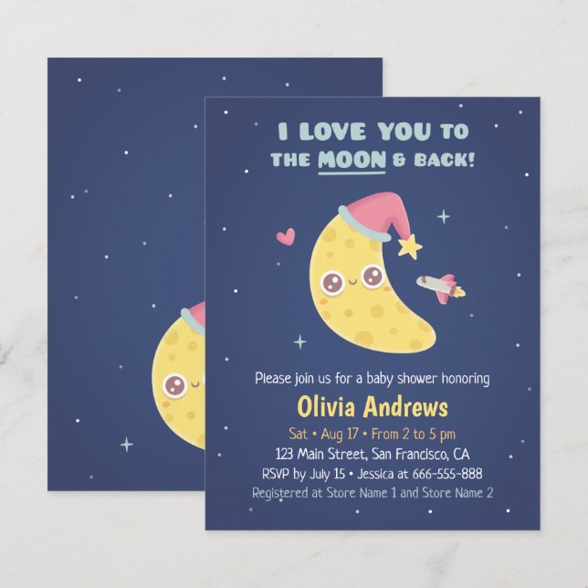 Cute I Love You to the Moon & Back Baby Shower Invitation (Front/Back)