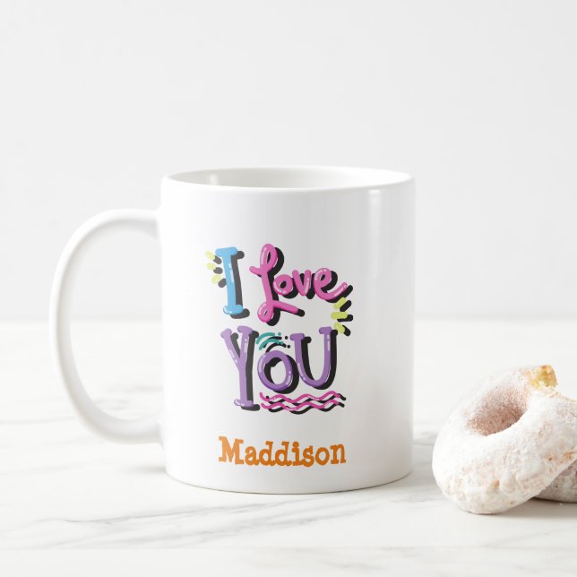 Cute I love You Typography Customisable Name  Coffee Mug (With Donut)