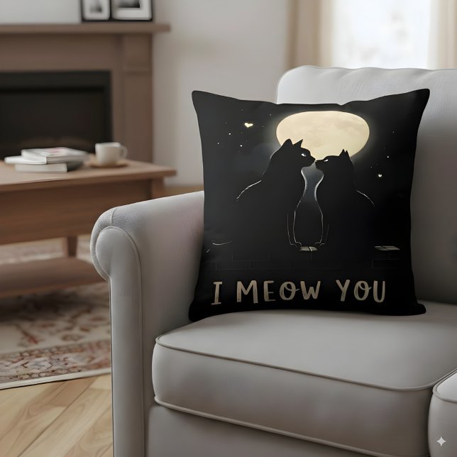 Cute 'I Meow You' Pun Black Cats in Love  Cushion (Creator Uploaded)