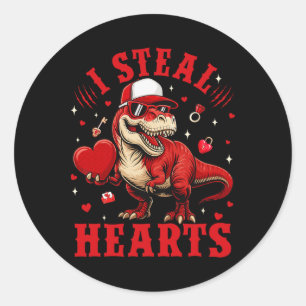 Cute I Steal Hearts Valentine Boys Dinosaur Holdin Classic Round Sticker