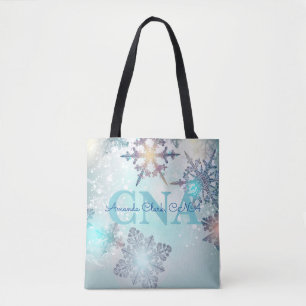 Cute Ice Blue Snowflake Personalised Name CNA Tote Bag