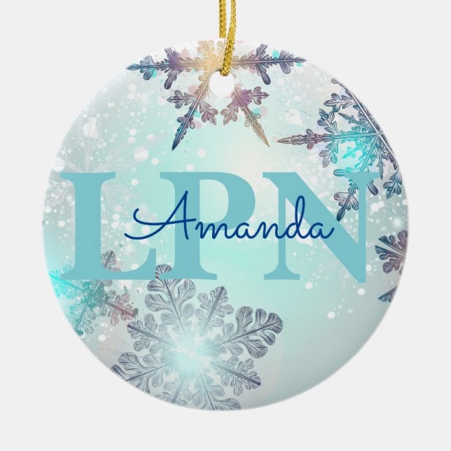 Cute Ice Blue Snowflake Personalised Name LPN  Ceramic Ornament (Front)