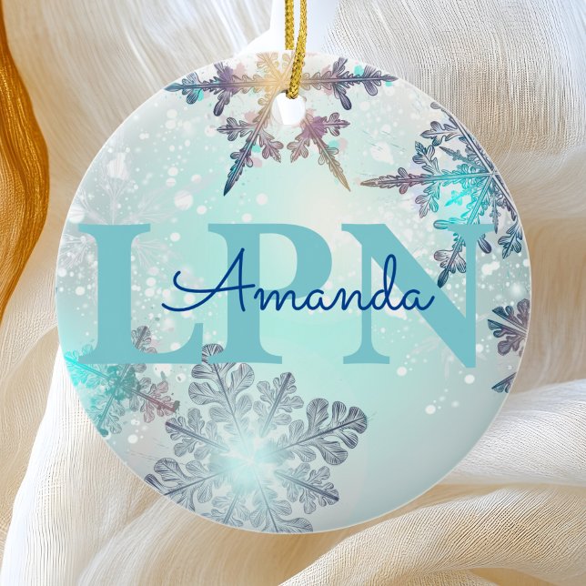Cute Ice Blue Snowflake Personalised Name LPN  Ceramic Ornament (Creator Uploaded)