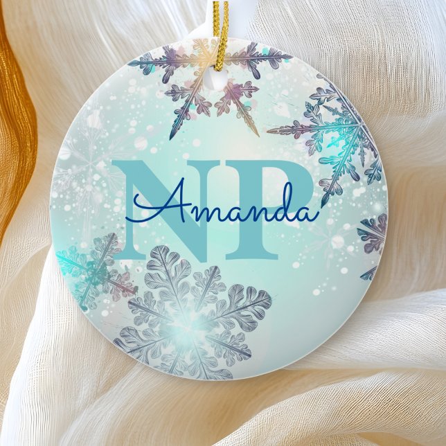 Cute Ice Blue Snowflake Personalised Name NP Nurse Ceramic Ornament (Creator Uploaded)