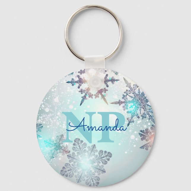 Cute Ice Blue Snowflake Personalised Name NP Nurse Key Ring (Front)