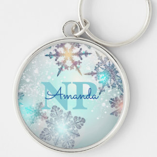 Cute Ice Blue Snowflake Personalised Name NP Nurse Key Ring