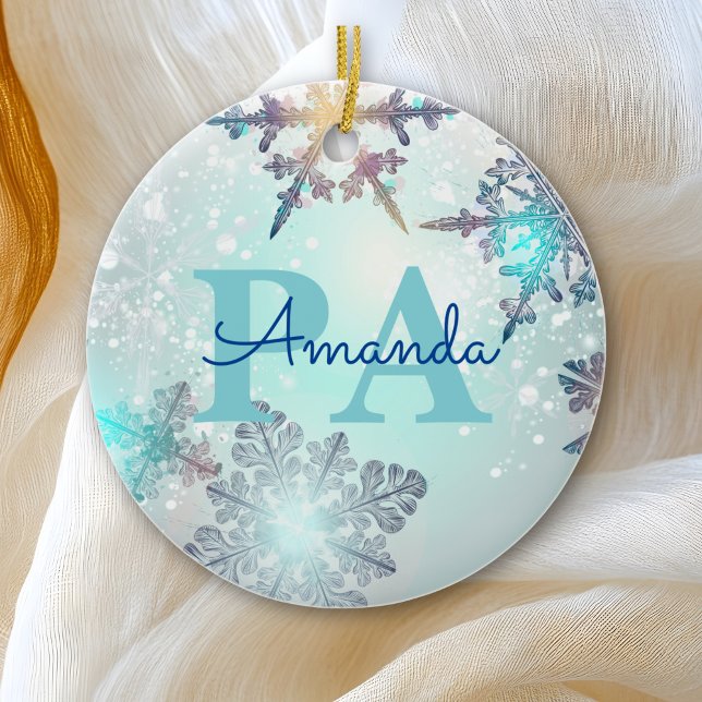 Cute Ice Blue Snowflake Personalised Name PA Ceramic Ornament (Creator Uploaded)