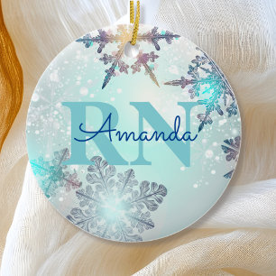 Cute Ice Blue Snowflake Personalised Name RN Nurse Ceramic Ornament