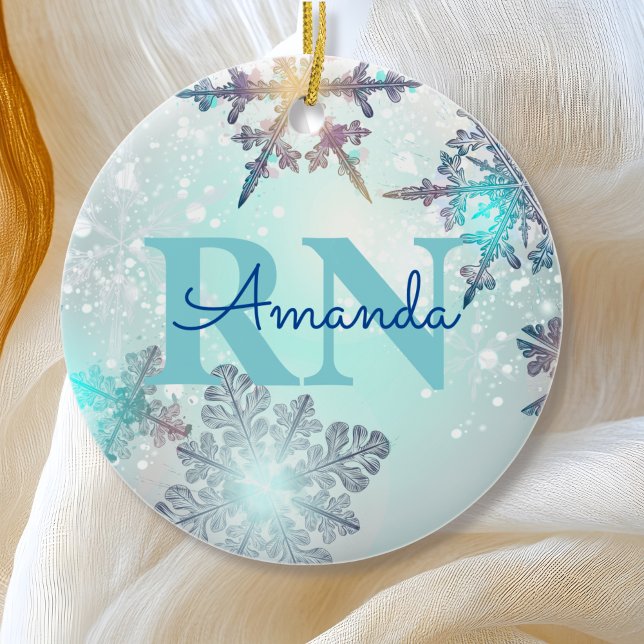 Cute Ice Blue Snowflake Personalised Name RN Nurse Ceramic Ornament (Creator Uploaded)