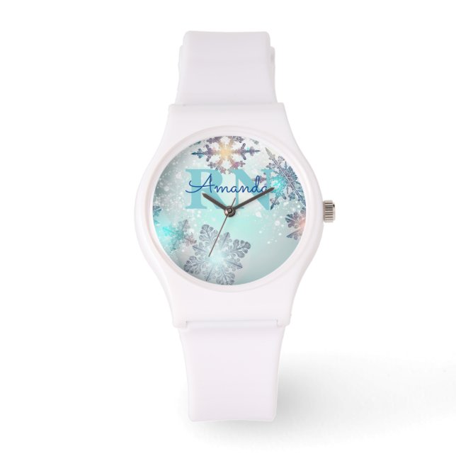 Cute Ice Blue Snowflake Personalised Name RN Watch (Front)