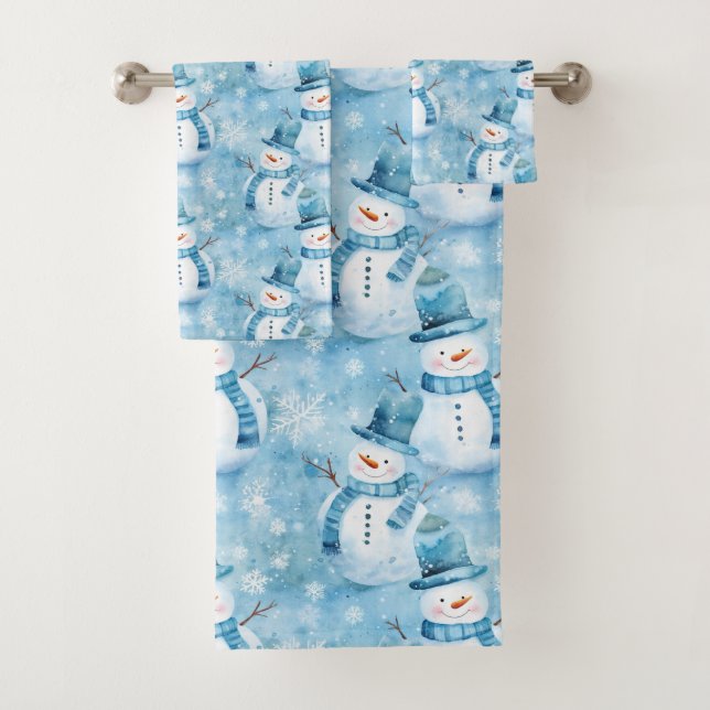 Cute Ice Blue Snowman and Snowflakes Bath Towel Set (Insitu)