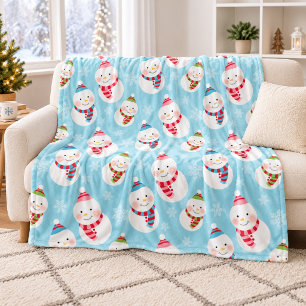 Cute Ice Blue Winter Snowman Pattern Fleece Blanket