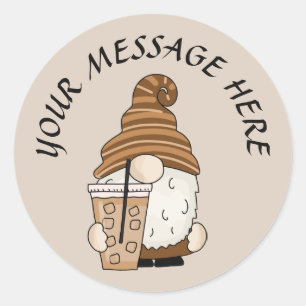 Cute ice coffee gnome add message classic round sticker