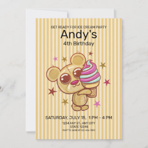 Cute Ice Cream Bear 4th Kids Birthday Invitation