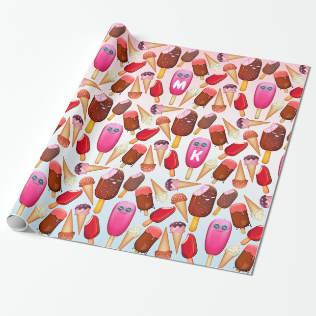 Cute Ice Cream Cone Popsicle Monogram Treats Wrapping Paper (Unrolled)