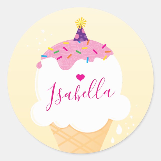 CUTE ICE CREAM CONE sprinkles retro party yellow Classic Round Sticker (Front)