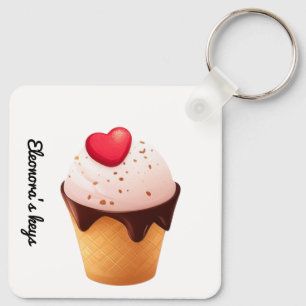 Cute Ice Cream Cone with Heart Key Ring