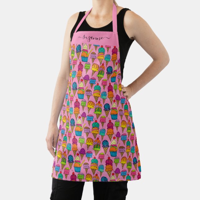 Cute Ice Cream Cones Pink Dessert Pattern Add Name Apron (Insitu)