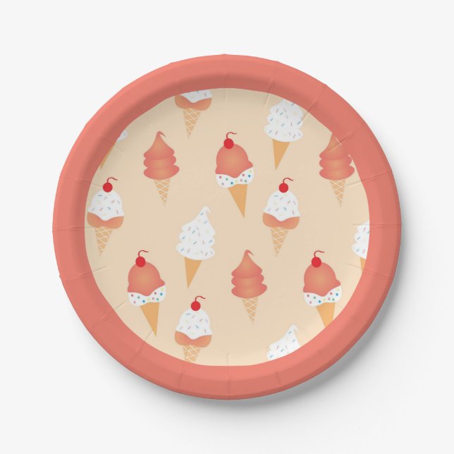Cute Ice Cream Cones Sprinkles Cherries Paper Plate (Front)