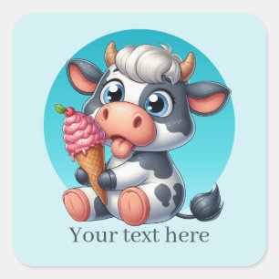 Cute ice cream cow add text square sticker