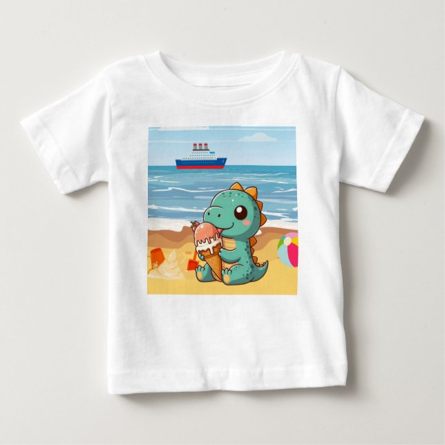 Cute ice cream eating dino at the beach baby T-Shirt (Front)