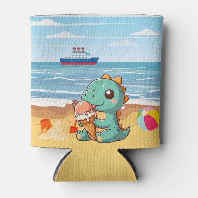 Cute ice cream eating dino at the beach can cooler (Front)