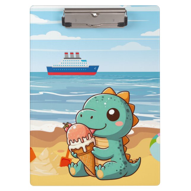 Cute ice cream eating dino at the beach clipboard (Front)